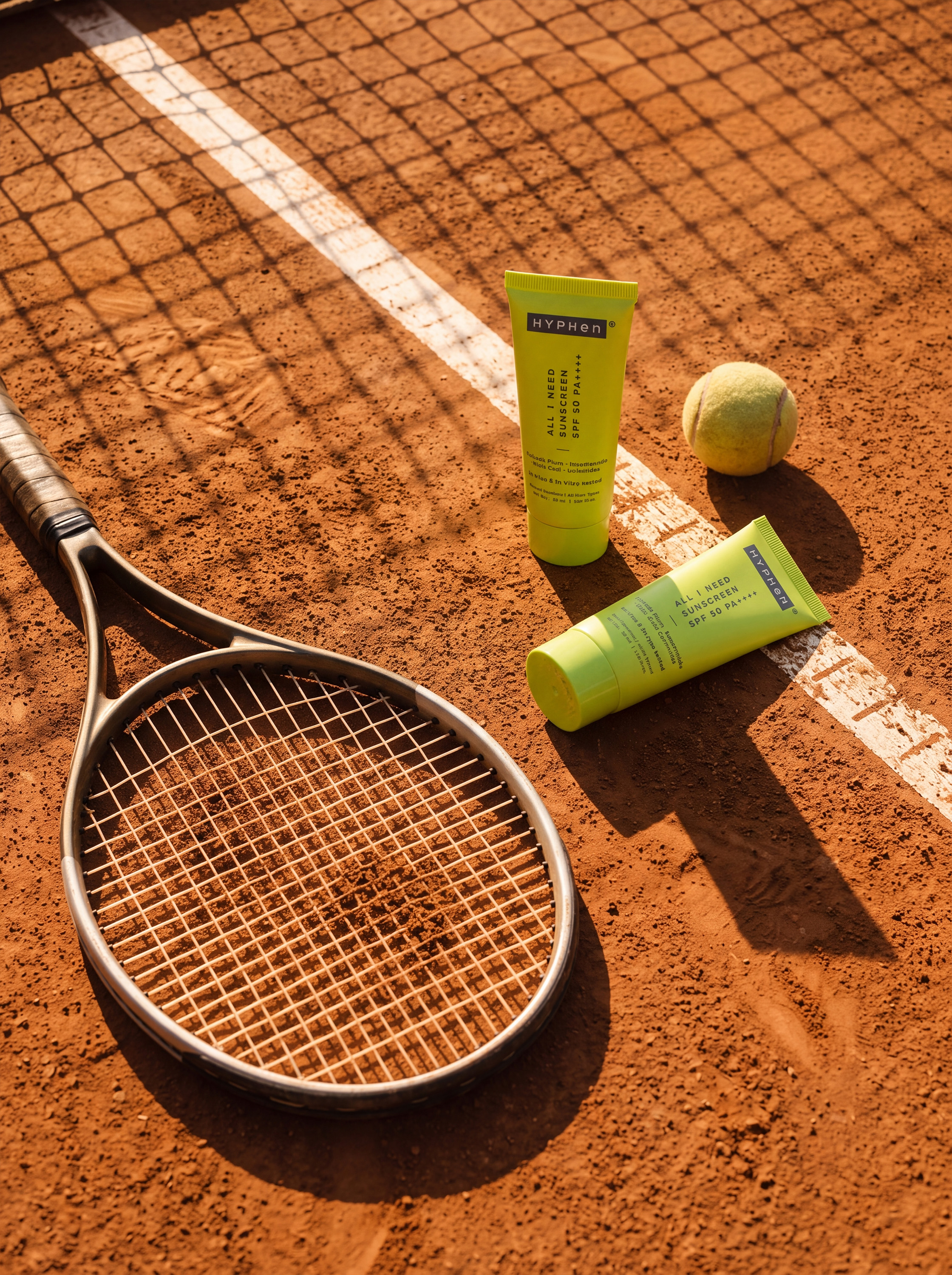 Product still life: racket, two HYPHeN tubes and tennis ball on clay court