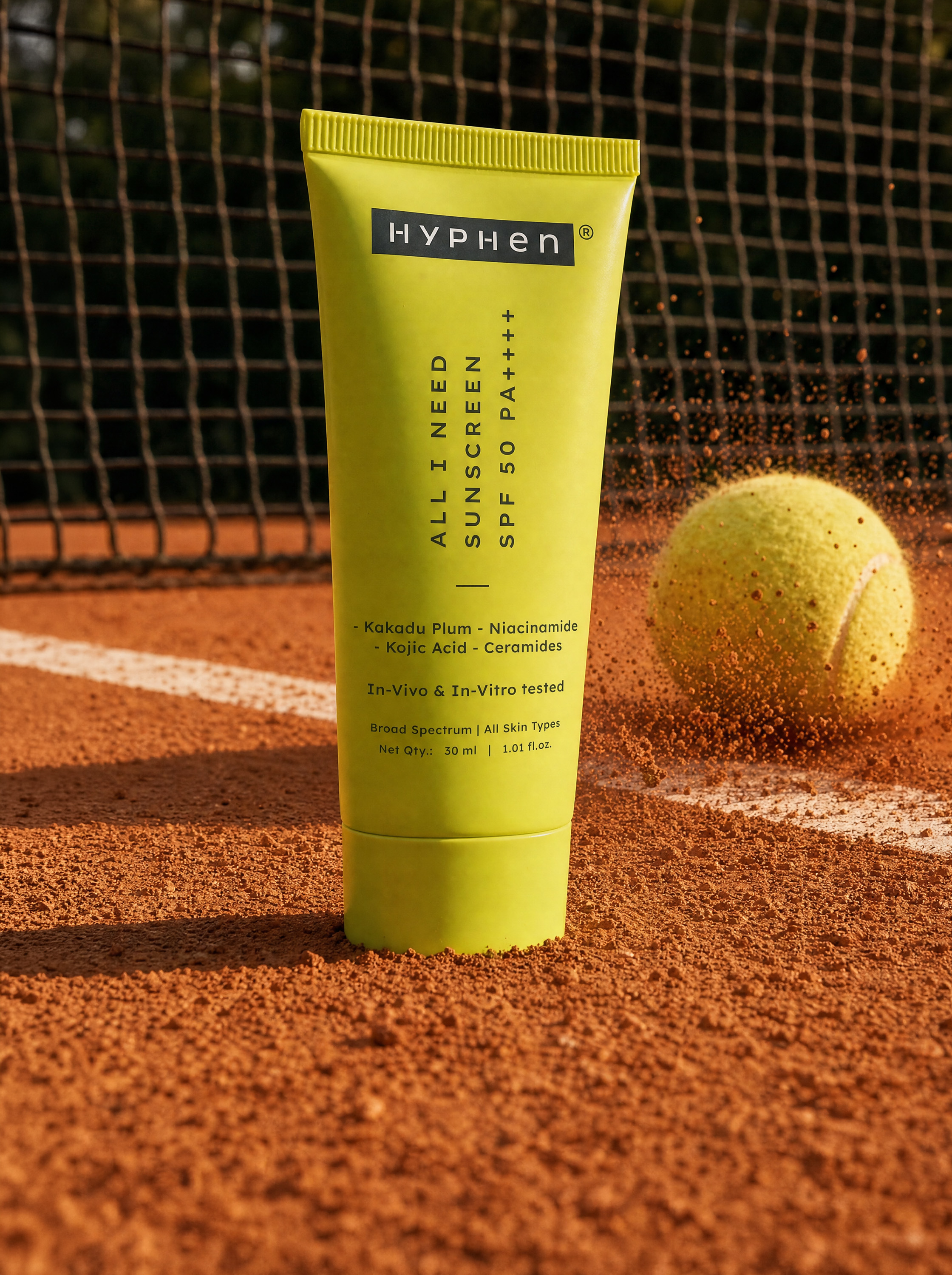 HYPHeN tube against exploding clay ball — hero product shot